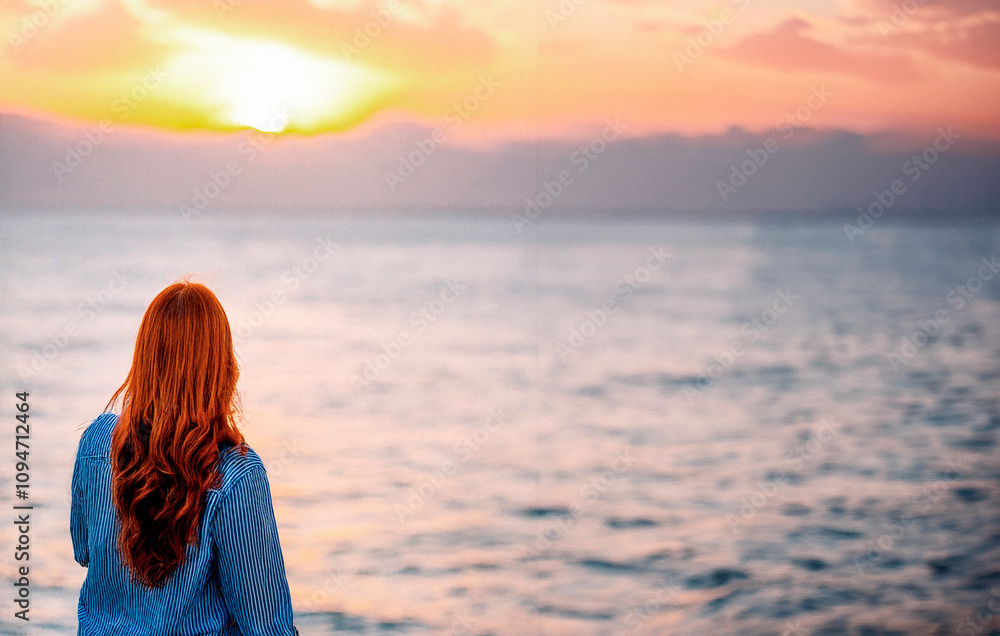a red-haired woman watching a sunset at the sea a red-haired woman watching a sunset at the sea