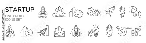 Rocket icon. Startup business line logo. Financial technology. Success vision. Creative goal. Money idea. Chart growth. Computer innovation. Growth innovation. Economy strategy. Vector garish sign set