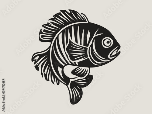 A fish head and a fish in the middle of a forest. A poster that says fish set on it.

