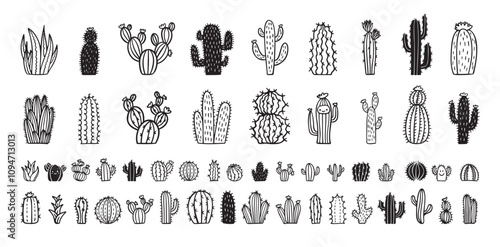Hand drawn cactus icons. cacti doodle set. Cute sketch cactus collection.