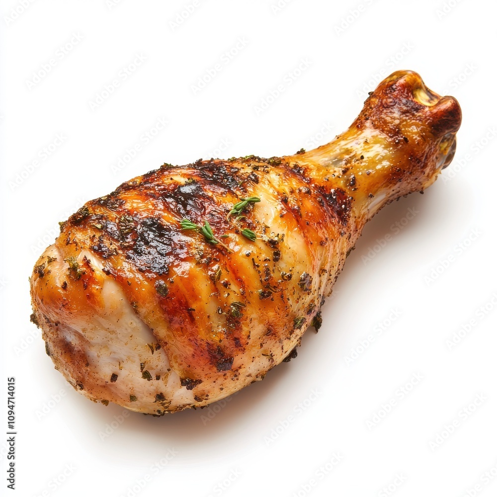 A golden-brown grilled chicken drumstick, lightly charred and seasoned isolated on a white background A golden-brown grilled chicken drumstick, lightly charred and seasoned isolated on a white background