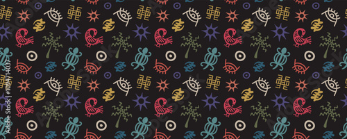 Seamless African pattern. Abstract Africa background. Ethnic texture. Oriental ornament. Repeated print. Mexican graphic. Aztec turtle and bird. Flat palm. Indian culture fabric. Vector hand textiles