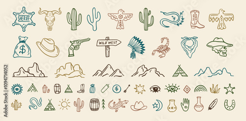 Wild west cowboy doodle icon set. Hand drawn boho signs collection. Aztec southwestern elements set.