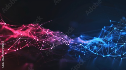 Abstract technology geometric background and blue and pink polygonal dots connected in mesh grid on dark black background
