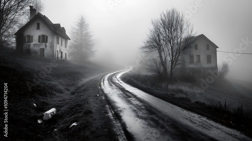 Rural Road Winding Through Misty Landscape with Two Abandoned Houses. AI Generated