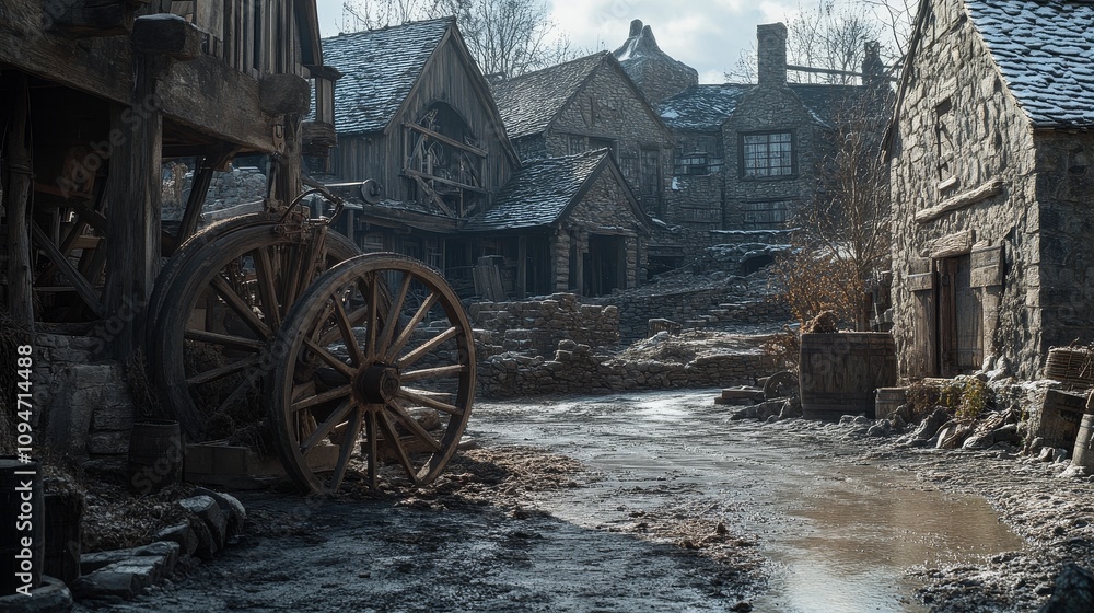 Obraz premium A Muddy Street in a Medieval Town with a Wooden Wagon Wheel in the Foreground