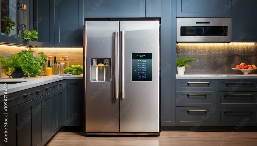 Concept of a smarthome fridge with display screen Concept of a smarthome fridge with display screen