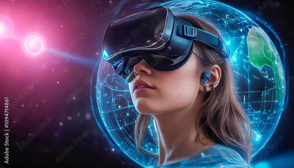 Young woman wearing augmented reality glasses, virtual reality technology Young woman wearing augmented reality glasses, virtual reality technology