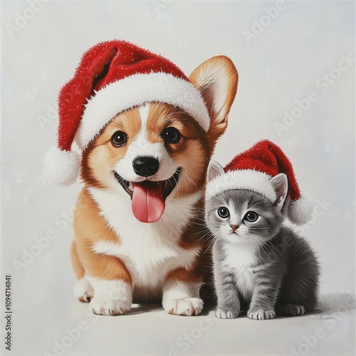 A playful and festive scene featuring a happy corgi puppy and a curious gray kitten isolated on a white background