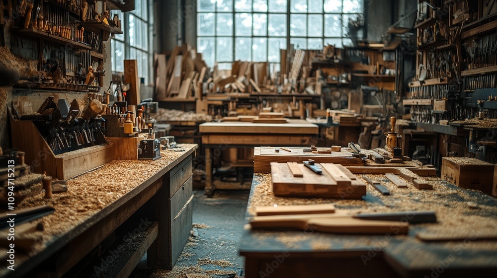 A Well-Equipped Woodworking Workshop with Tools, Materials, and Finished Projects A Well-Equipped Woodworking Workshop with Tools, Materials, and Finished Projects