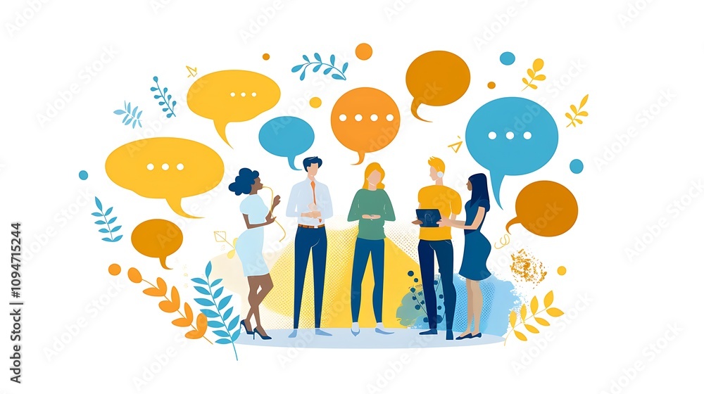A group of diverse people engaged in conversation with speech bubbles, symbolizing communication and collaboration. A group of diverse people engaged in conversation with speech bubbles, symbolizing communication and collaboration.