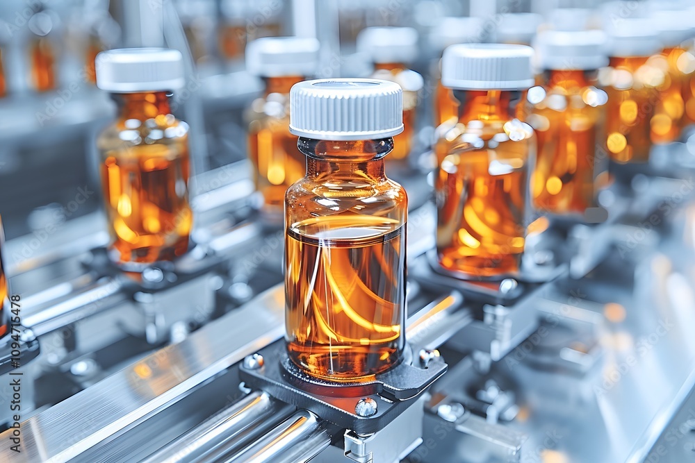 Focused Worker at Medication Assembly Line Focused Worker at Medication Assembly Line