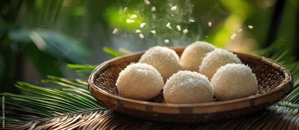 Sweet Coconut Delights: Steaming Mochi Balls in a Bamboo Basket Sweet Coconut Delights: Steaming Mochi Balls in a Bamboo Basket