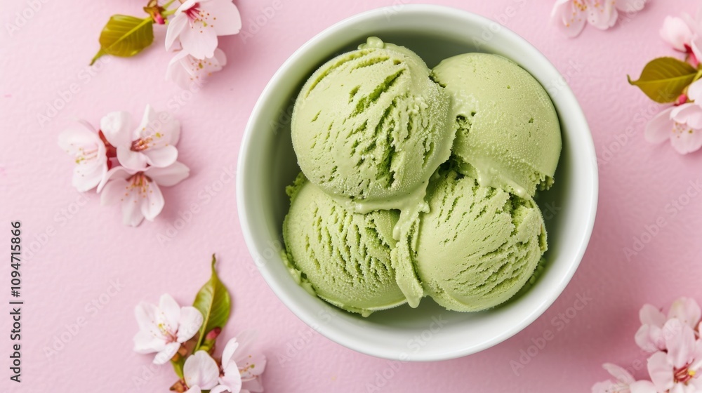 Bowl of green ice cream surrounded by pink flowers. Bowl of green ice cream surrounded by pink flowers.