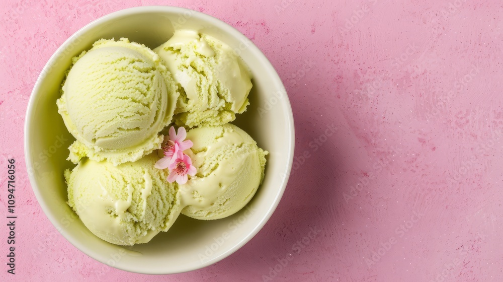 Bowl of green ice cream with a flower garnish. Bowl of green ice cream with a flower garnish.