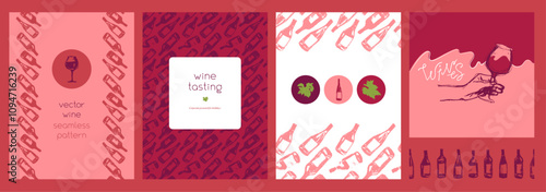 Wine tasting cards and flyer templates with vector graphics. Hand-drawn illustrations of red wine bottles, glasses, and green grape leaves for winery poster, wine shop design.