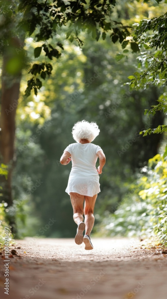 Elderly woman jogging through a lush, sunlit forest path, AI Elderly woman jogging through a lush, sunlit forest path, AI