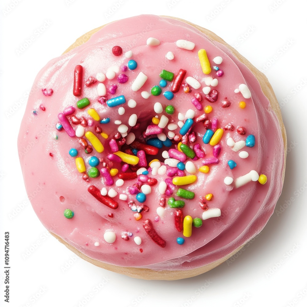 A single round donut covered in glossy pink frosting and topped with colorful sprinkles isolated on a white background A single round donut covered in glossy pink frosting and topped with colorful sprinkles isolated on a white background