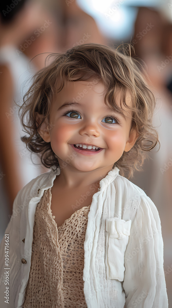 Walking down the runway with a smile is a cute smiling french baby Walking down the runway with a smile is a cute smiling french baby