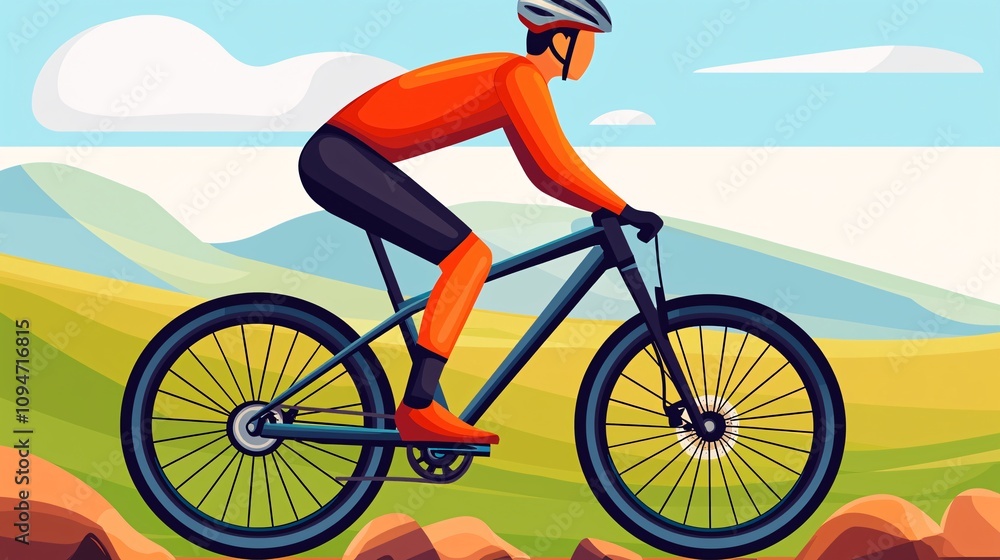 Fototapeta premium Mountain biking adventure scenic hills digital illustration vibrant landscape side view outdoor recreation for fitness enthusiasts