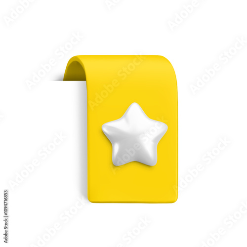 Vector Realistic 3d Yellow Ribbon with silver star. Vintage favorite icon design element, cute ribbon e-book sticker. Cartoon 3d ribbon tag for sale banner, add to bookmarks sign, game, app