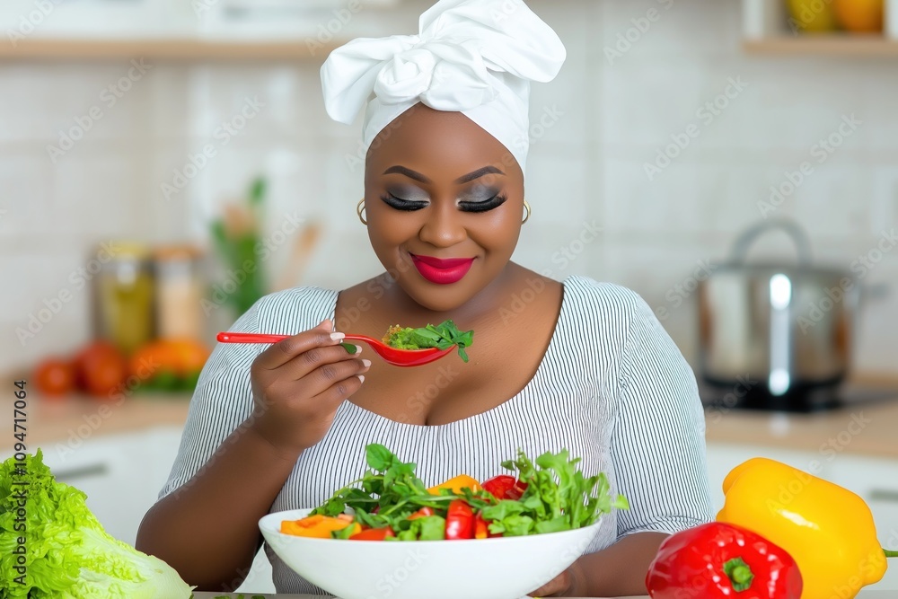 Smiling woman enjoying a fresh salad in a modern kitchen setting Smiling woman enjoying a fresh salad in a modern kitchen setting