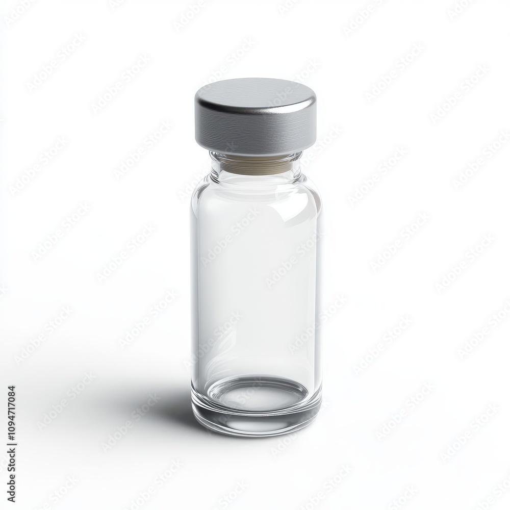 A small, transparent glass vial with a metallic cap The vial is shown from a front view isolated on a white background A small, transparent glass vial with a metallic cap The vial is shown from a front view isolated on a white background