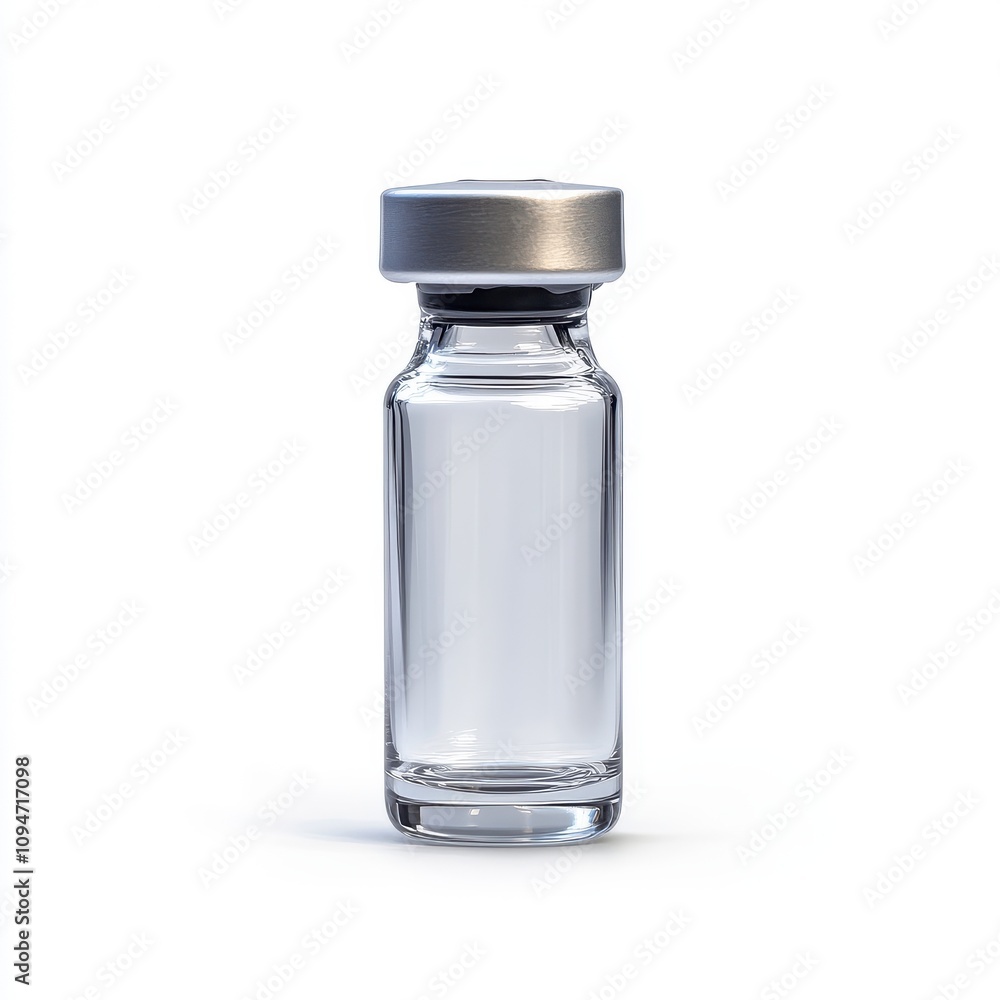 A small, transparent glass vial with a metallic cap The vial is shown from a front view isolated on a white background A small, transparent glass vial with a metallic cap The vial is shown from a front view isolated on a white background