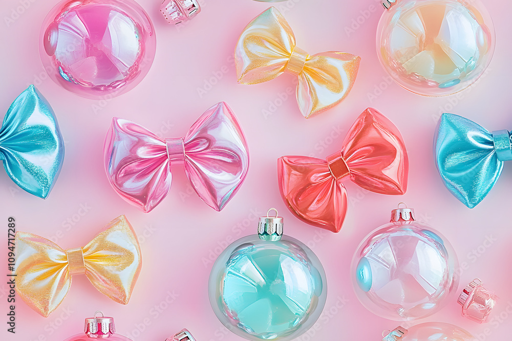 retro glass bow shaped christmas baubles pattern on a pastel background, flat lay retro glass bow shaped christmas baubles pattern on a pastel background, flat lay