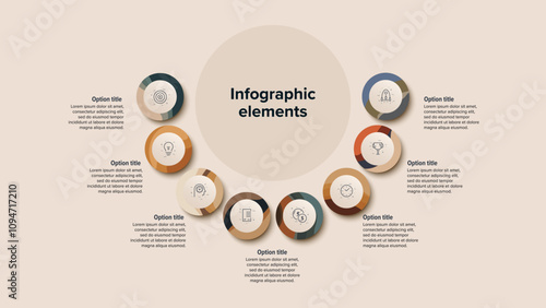 Business process chart infographics with 8 step circles. Round workflow graphic elements. Company flowchart presentation slide. Vector info graphic in flat design