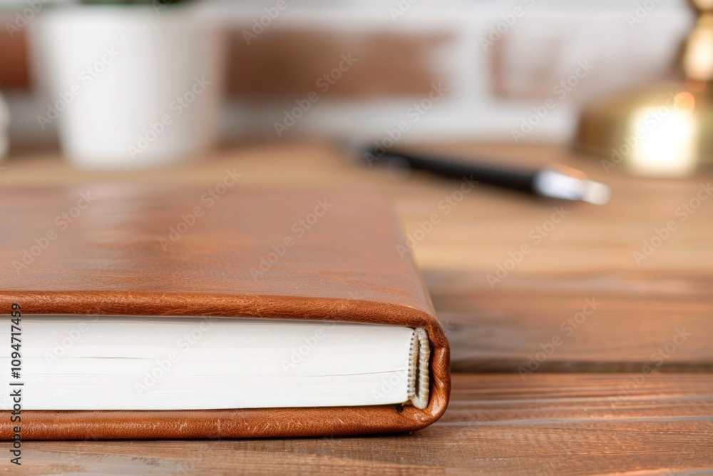 Elegant brown leather notebook on wooden desk with blurred background Elegant brown leather notebook on wooden desk with blurred background
