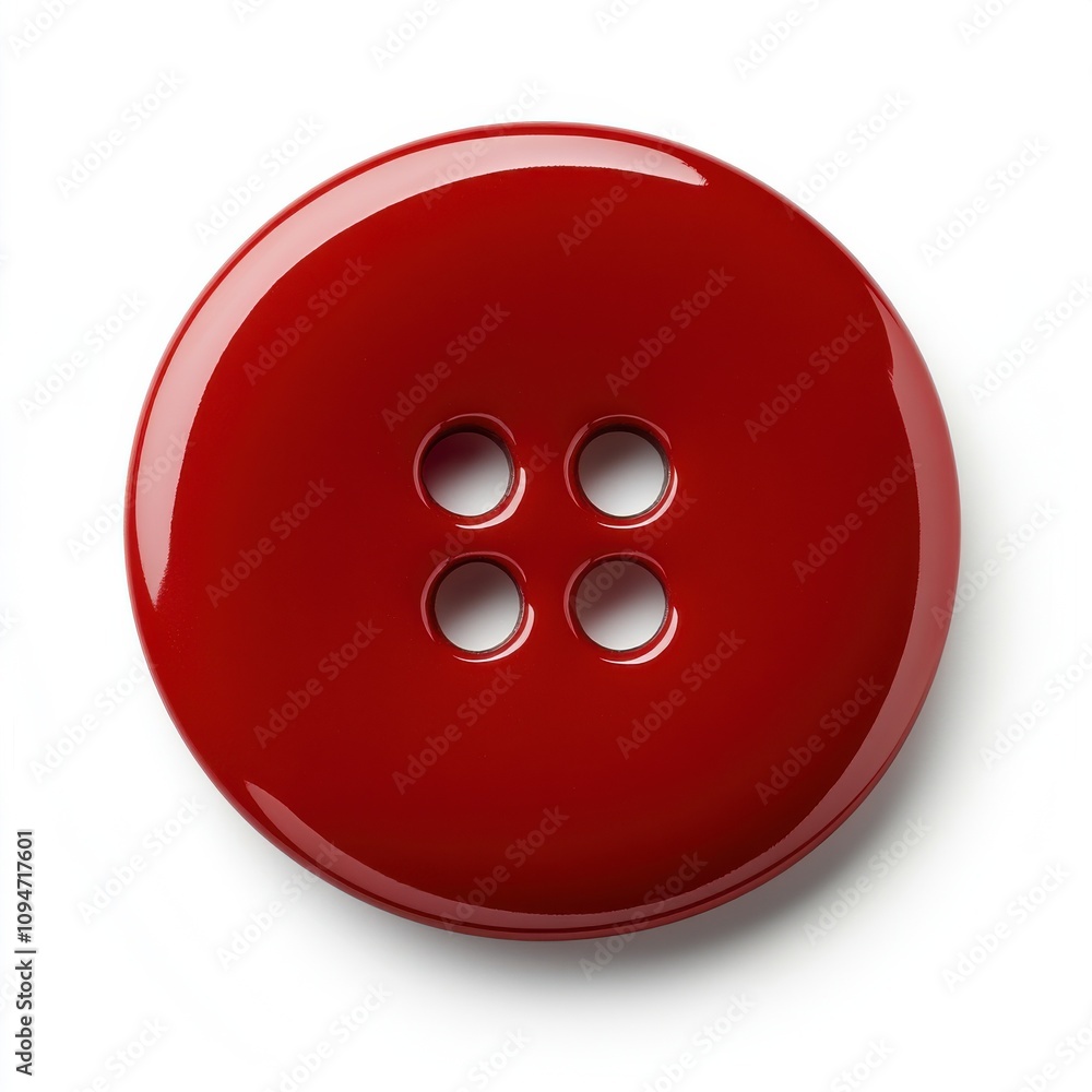 A straight front view of a glossy, red, round button with four evenly spaced holes isolated on a white background A straight front view of a glossy, red, round button with four evenly spaced holes isolated on a white background