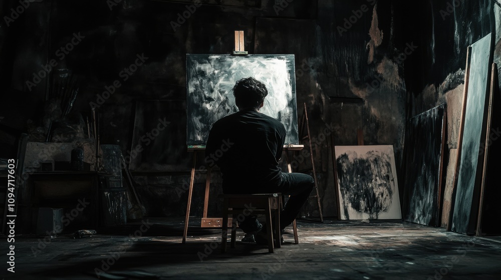 Naklejka premium Artist immersed in creativity, painting in a dimly lit studio, AI