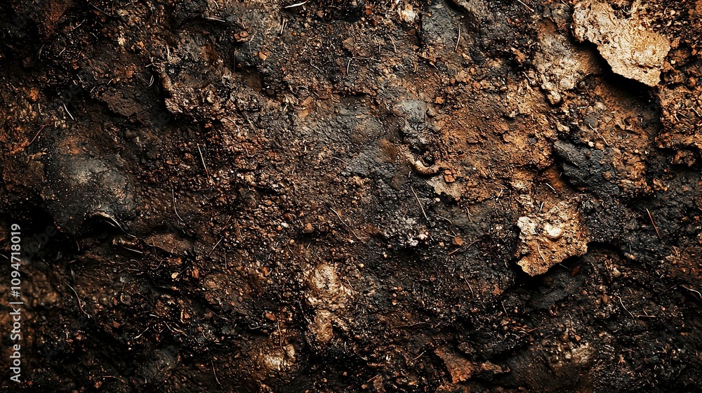 This earthy surface texture in brown and black tones displays rugged terrain with intricate details, evoking a sense of the primal beauty found in natural landscapes. This earthy surface texture in brown and black tones displays rugged terrain with intricate details, evoking a sense of the primal beauty found in natural landscapes.