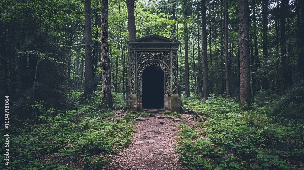 Obraz premium A Mystical Ancient Doorway in a Dense Forest, Representing the Gateway to the Unknown and the Call for Adventure