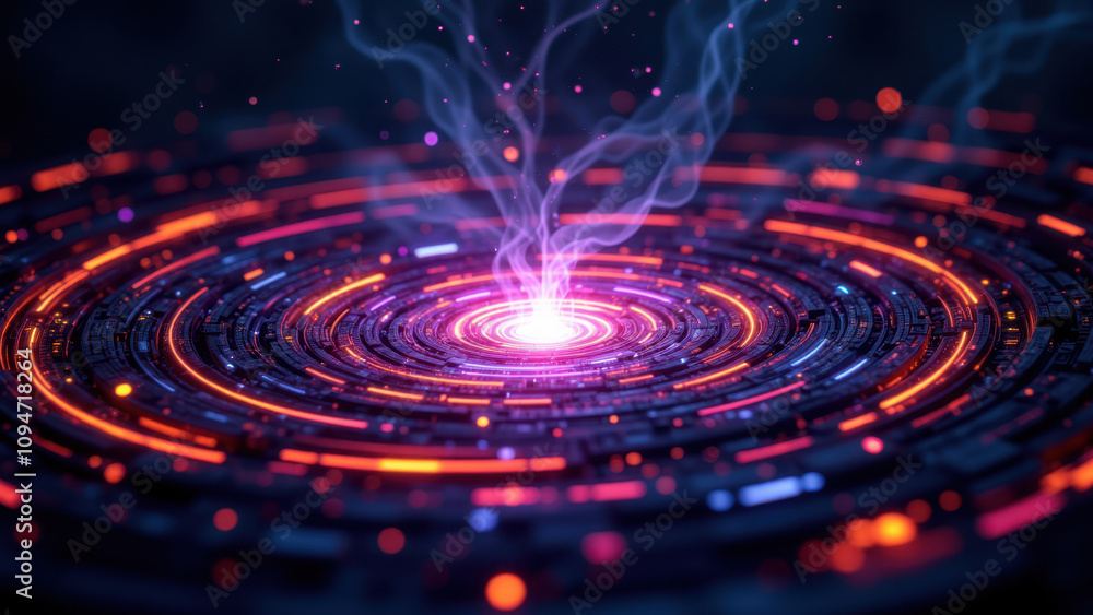 Abstract high-tech background with vibrant colors and energy particles swirling around a central point. Abstract high-tech background with vibrant colors and energy particles swirling around a central point.