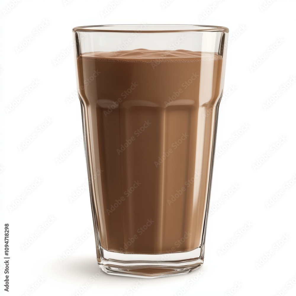 A tall transparent glass filled with smooth chocolate milk The milk has a rich creamy color and is perfectly still showcasing its thickness. Isolated on a white background A tall transparent glass filled with smooth chocolate milk The milk has a rich creamy color and is perfectly still showcasing its thickness. Isolated on a white background