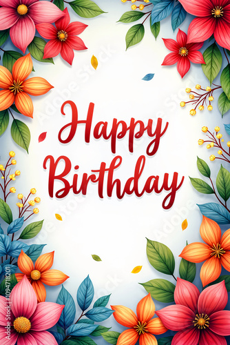 Greeting card. Festive birthday greeting with the phrase Happy Birthday written in red cursive font, surrounded by colorful flowers and leaves.