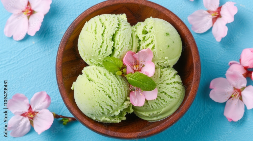 Bowl of green ice cream with flowers and leaves. Bowl of green ice cream with flowers and leaves.