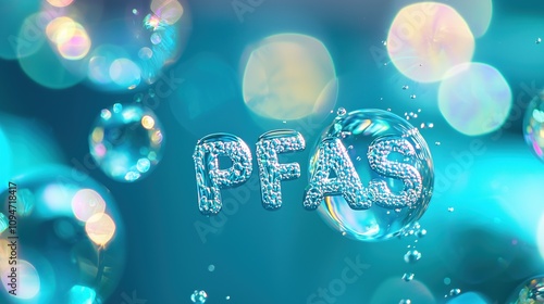 Pfas chemical molecules in water with bubbles and light reflections