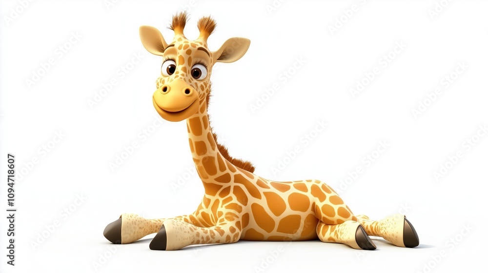 Obraz premium Cute cartoon giraffe sitting with smiling expression on white background