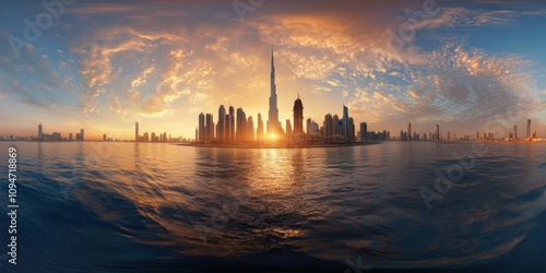 A 3D image shows Dubai at sunrise. It's a beautiful view of the city in the United Arab Emirates.