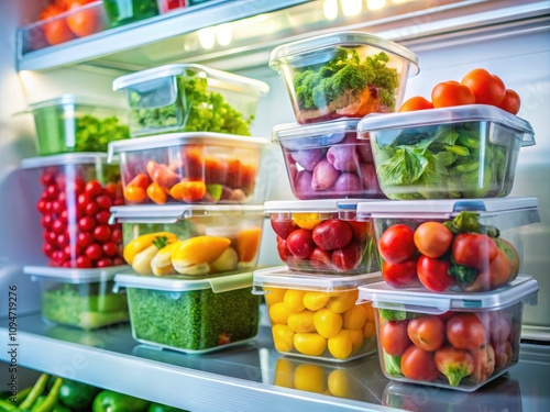 Organized Fridge, Plastic Food Containers, High Depth of Field, Fresh Produce