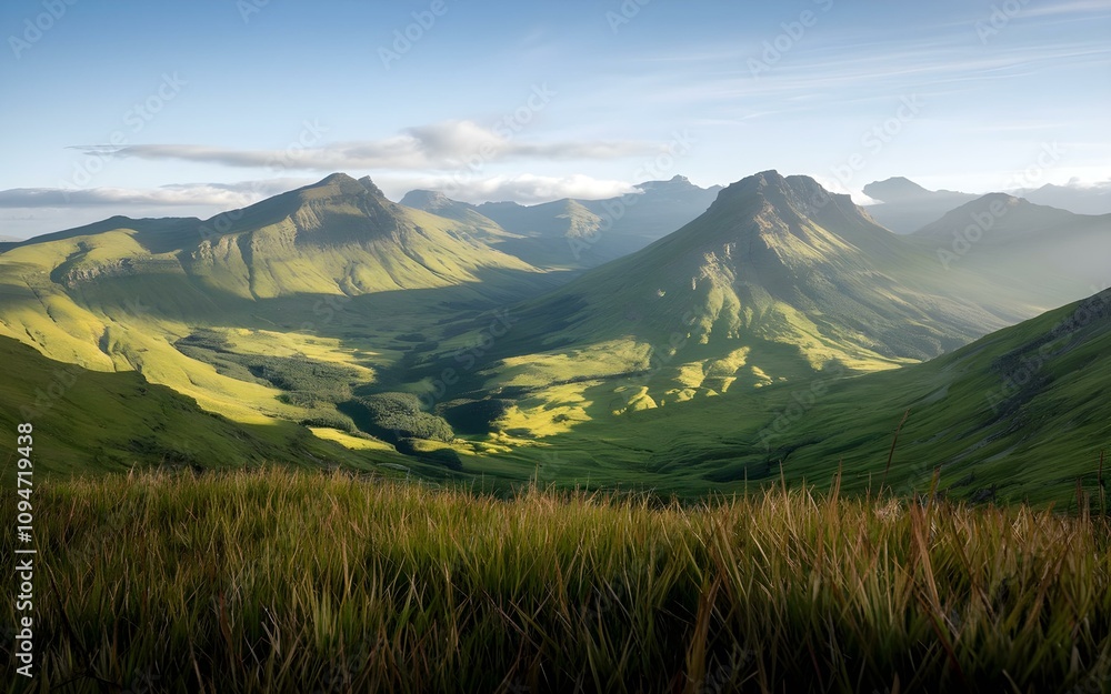 Majestic Snow-Capped Mountains with Lush Green Meadow Under a Vibrant Blue Sky Majestic Snow-Capped Mountains with Lush Green Meadow Under a Vibrant Blue Sky