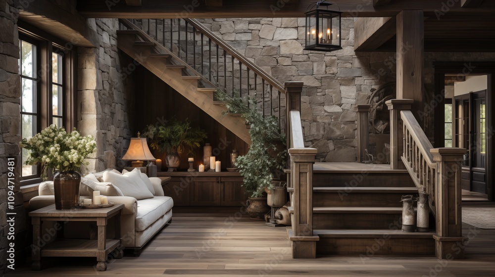 A welcoming farmhouse entryway with a rustic staircase and door. The blend of natural materials creates a charming and inviting entrance. A welcoming farmhouse entryway with a rustic staircase and door. The blend of natural materials creates a charming and inviting entrance.