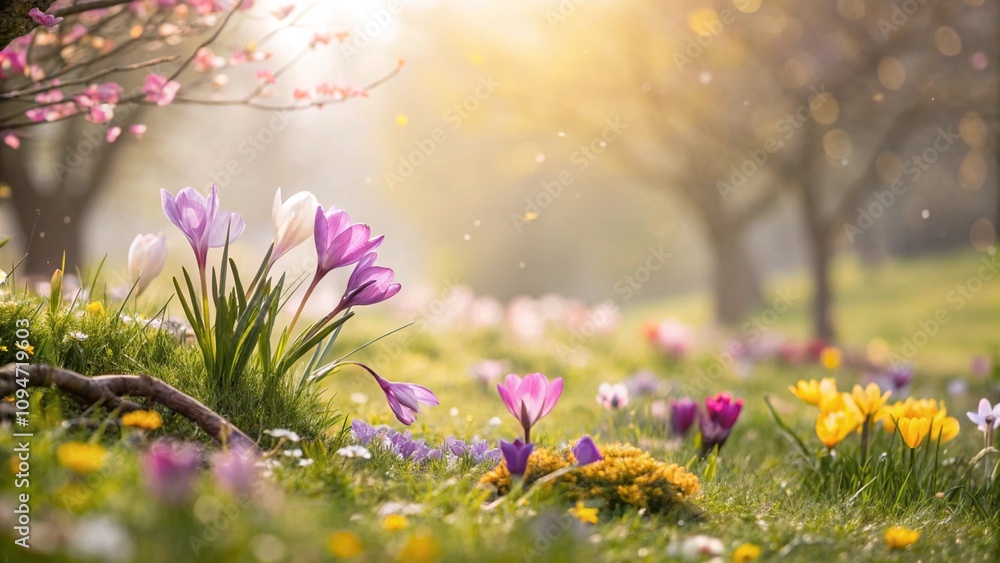 Obraz premium Dreamy spring garden with vibrant flowers and bokeh effect for nature inspiration
