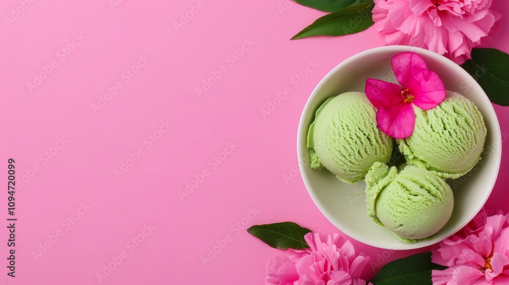 Bowl of green ice cream with pink flowers. Bowl of green ice cream with pink flowers.