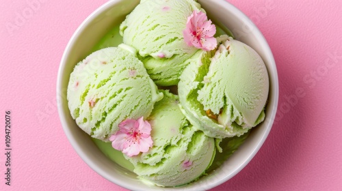 Bowl of green ice cream with pink flowers. photo