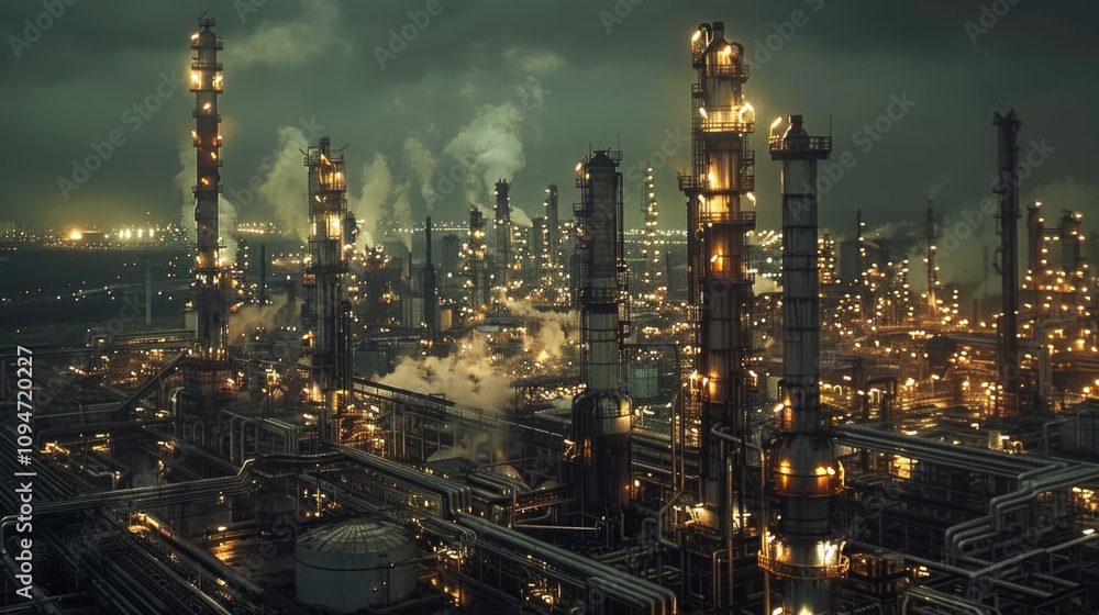 Fototapeta premium Expansive Night View of Modern Oil Refinery with Glowing Lights