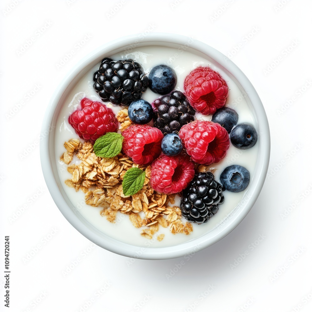 A white ceramic bowl filled with creamy yogurt, topped with fresh raspberries blueberries isolated on a white background A white ceramic bowl filled with creamy yogurt, topped with fresh raspberries blueberries isolated on a white background